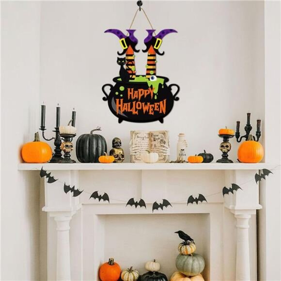 Halloween Witch Door Sign Happy Halloween Wooden Sign Plaque Witch Leg Front - Picture 6 of 8